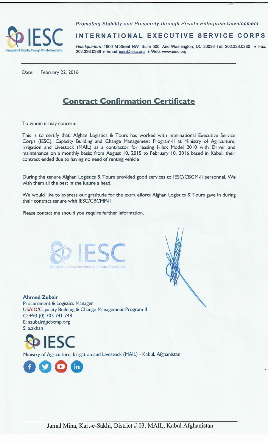 Certificate from IESC for Afghan Logistics 2016