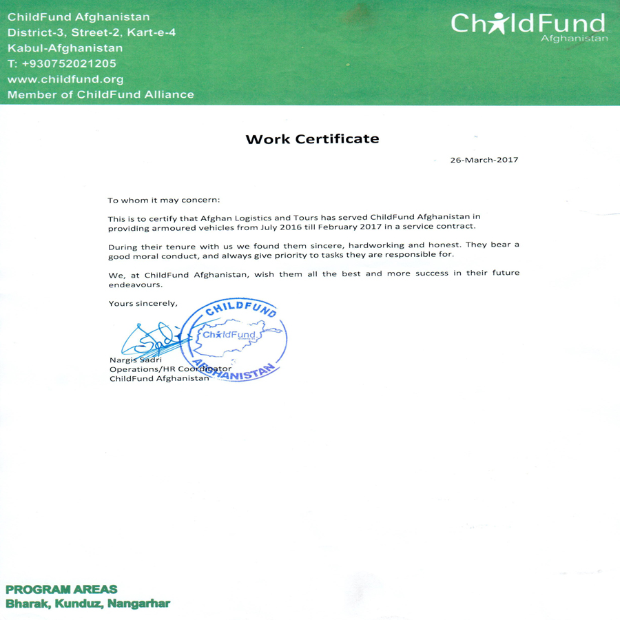 Child Fund Experience Certificate For Afghan Logistics