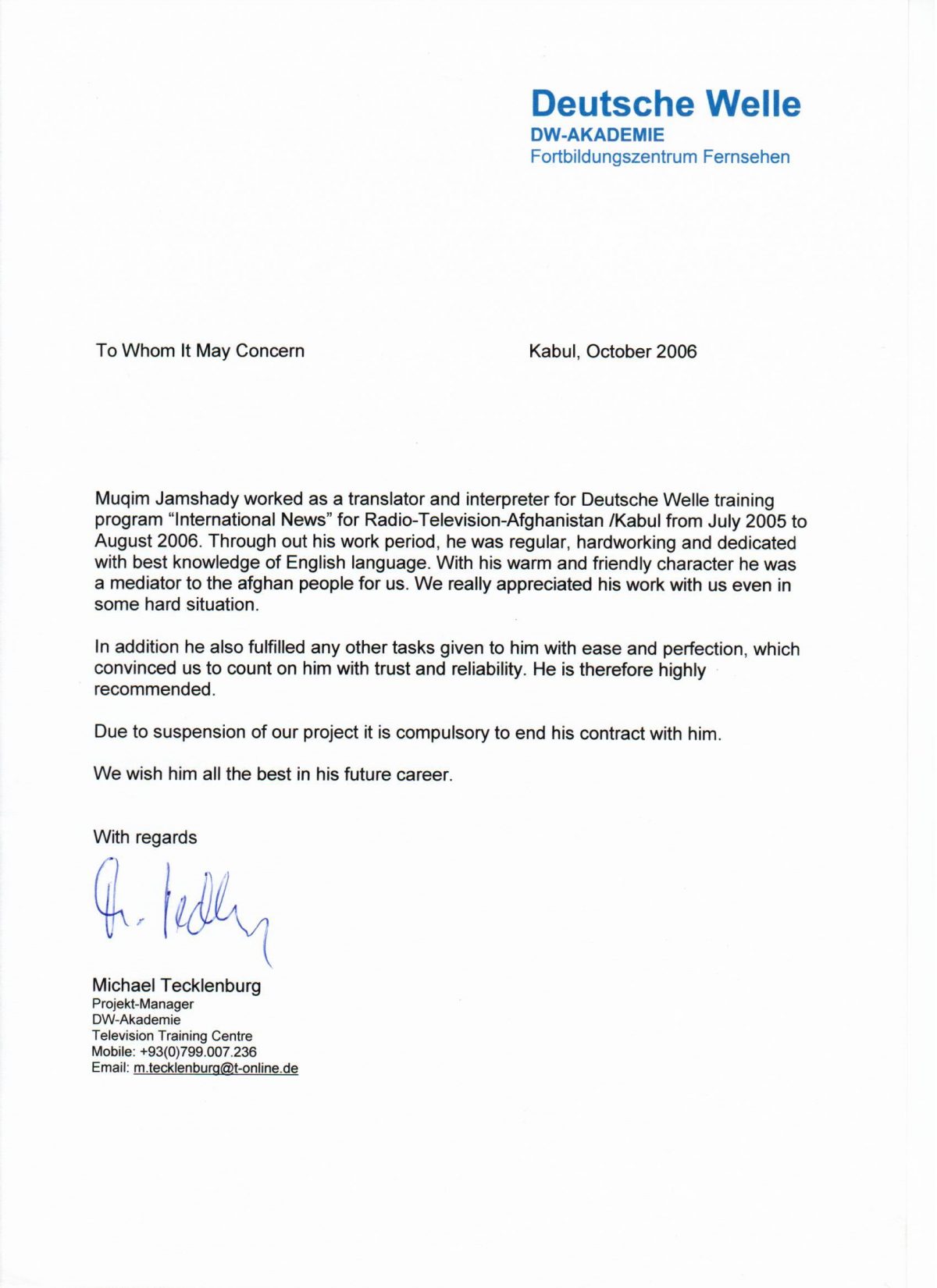 Deutsche Welle Certificate for our CEO Mr. Muqim Jamshady