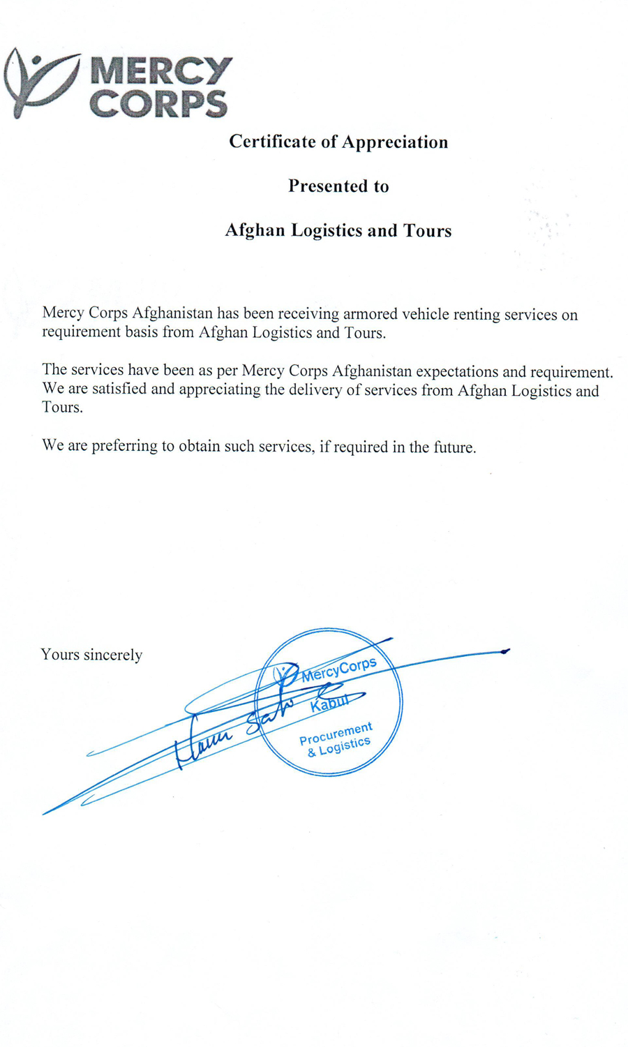 Mercy Corps Certificate Afghan Logistics